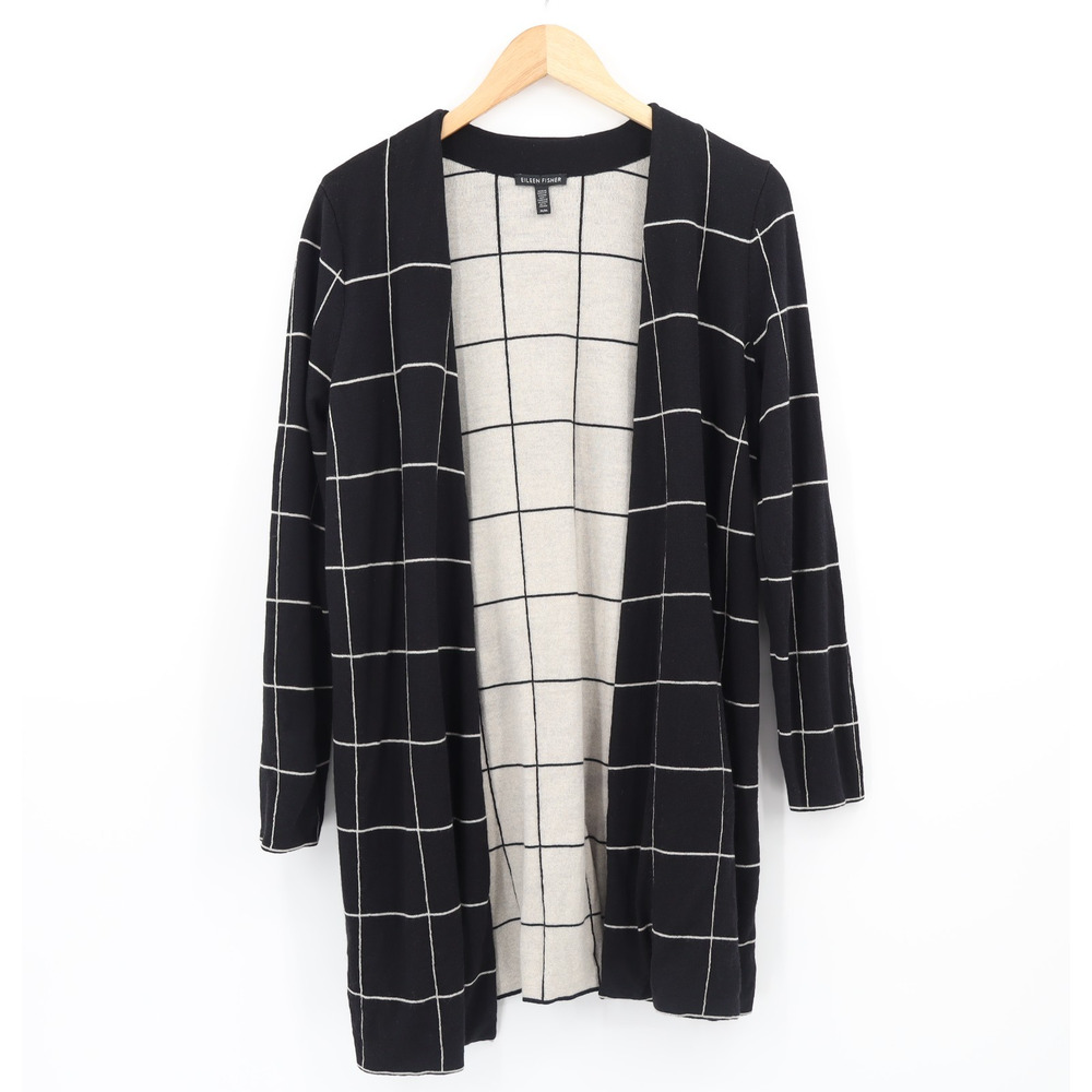 Eileen Fisher Women's Wool Open Front Cardigan Sweater Black Windowpane Sz M
